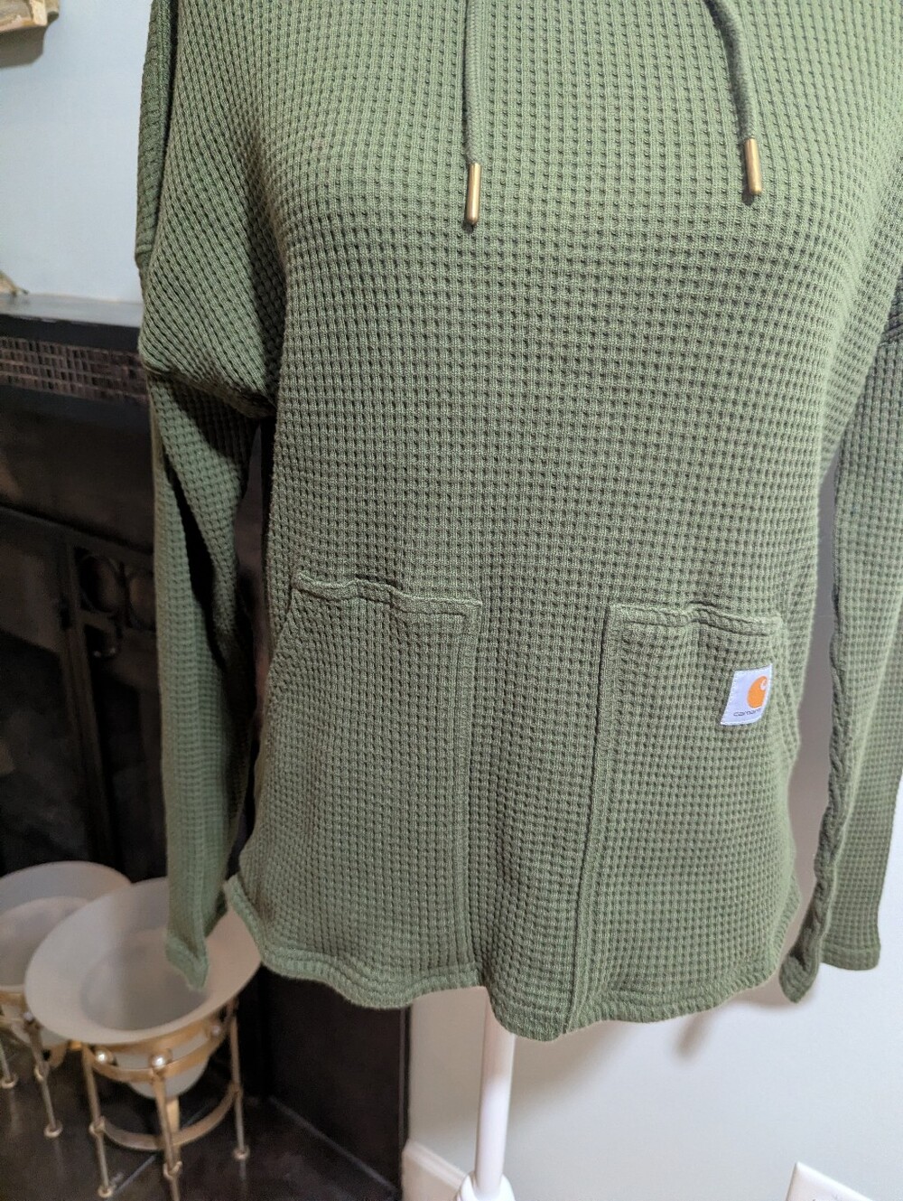 Carhartt Relaxed Fit Waffle Knit Thermal Hoodie Shirt Olive Pockets Wmns Small - Picture 3 of 10